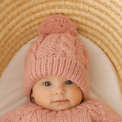 Rosy Pink Cable Beanie Hat Baby & Kids