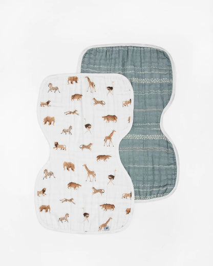 Organic Cotton Muslin Burp Cloth 2 Pack - Animal Crackers + Stillwater Stitch