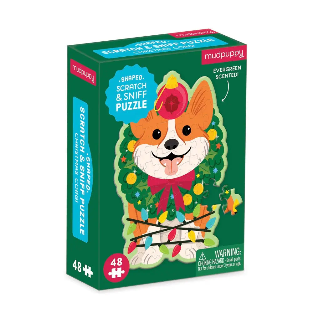 Christmas Corgi 48 Piece Scratch and Sniff Shaped Mini Puzzle