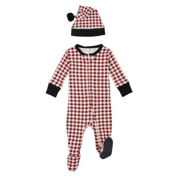 Crimson Plaid Holiday 2-Way Zipper Footie & Cap Set