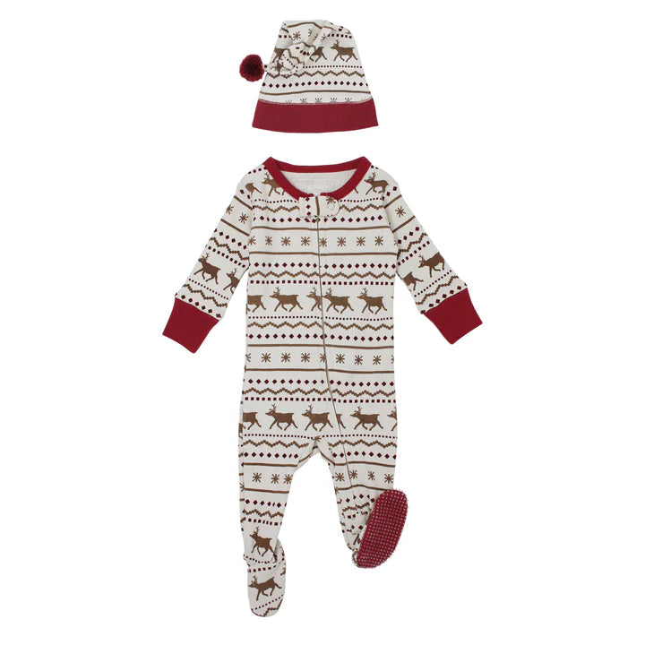 Fair Isle Rudolph Holiday 2-Way Zipper Footie & Cap Set