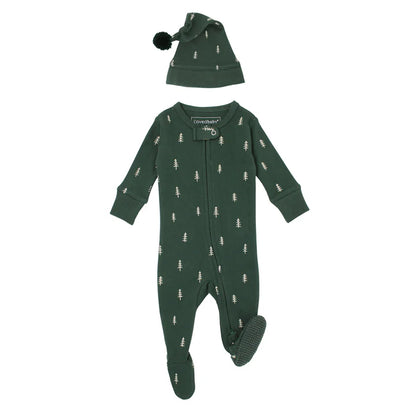 Pine Trees Holiday 2-Way Zipper Footie & Cap Set