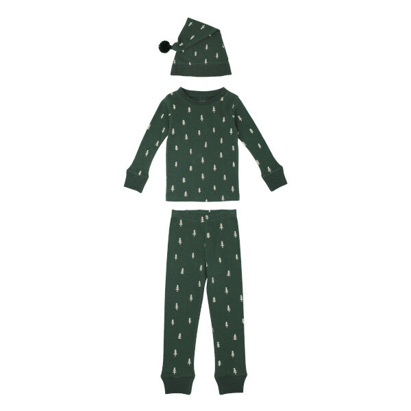 Pine Trees Kids' Organic Holiday PJ & Cap Set