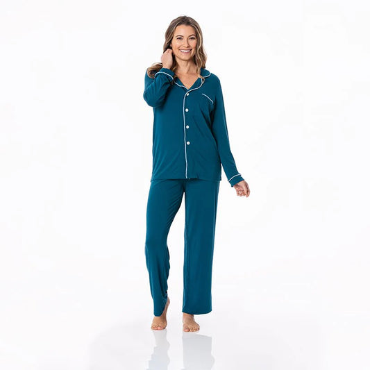 Women's Print Long Sleeve Collared Pajama Set in Peacock