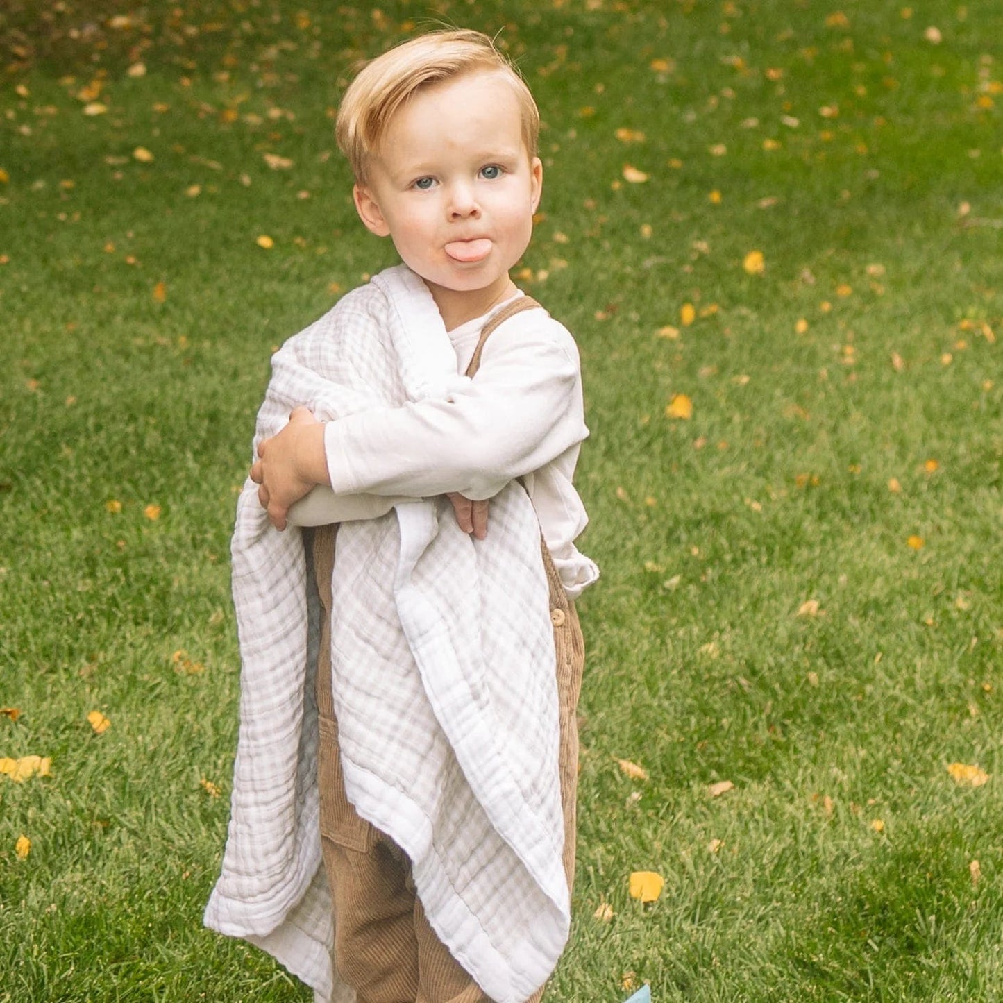 Cotton Muslin Baby Quilt - Tan Gingham Little Unicorn Lil Tulips