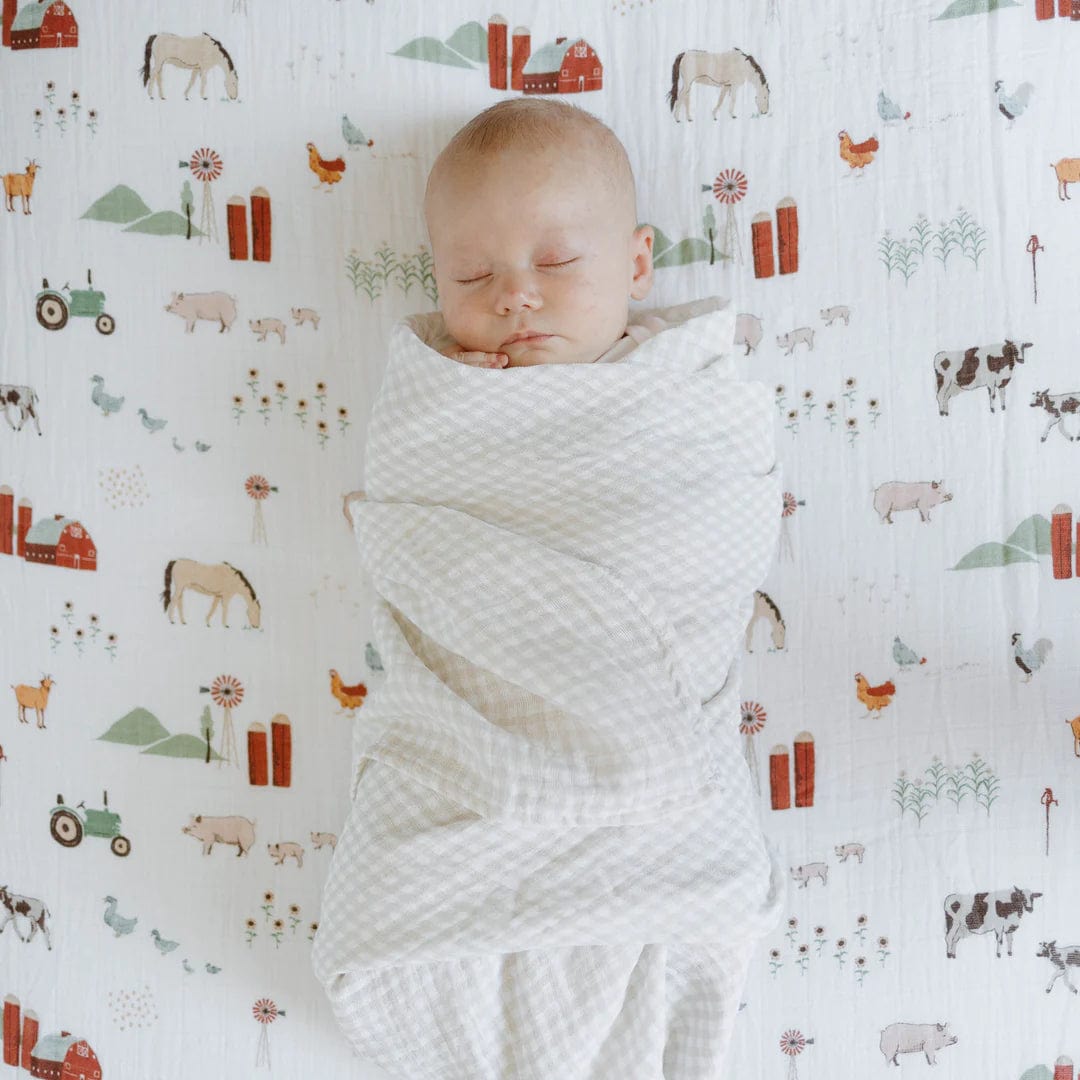 Cotton Muslin Swaddle Blanket - Tan Gingham Little Unicorn Lil Tulips