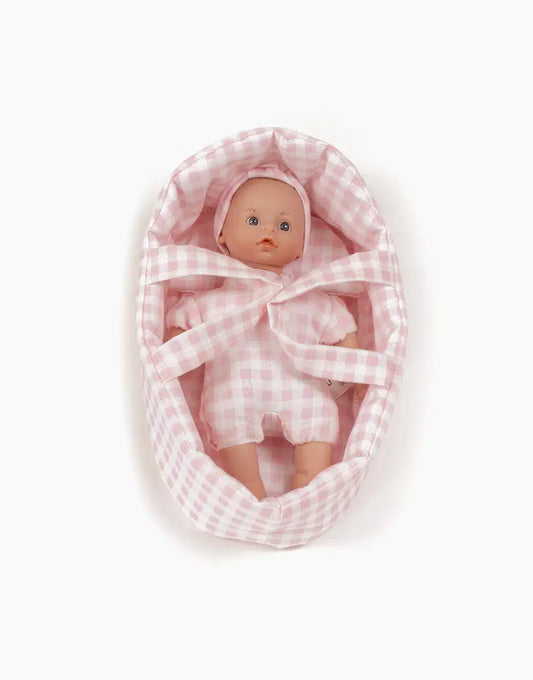 Minis –  Light-eyed Tea and her petal pink Vichy bassinet