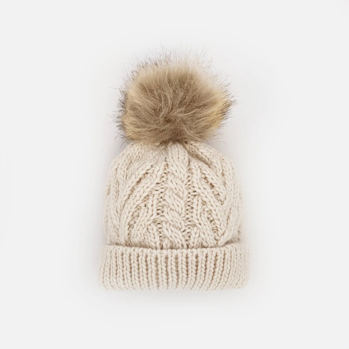 Natural Pop Pom Pom Knit Beanie Hat