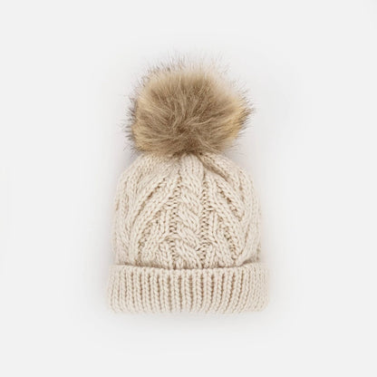 Natural Pop Pom Pom Knit Beanie Hat