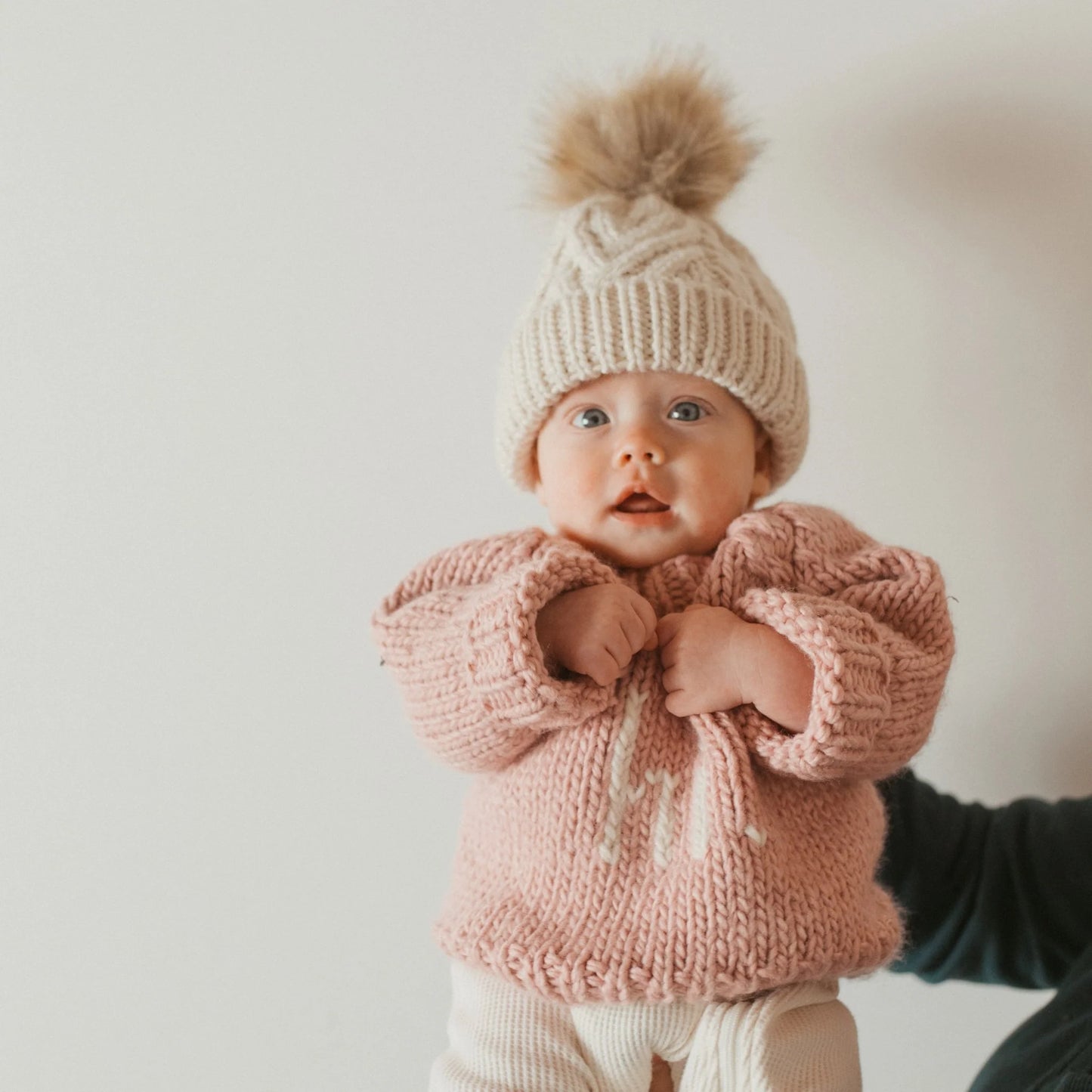 Natural Pop Pom Pom Knit Beanie Hat