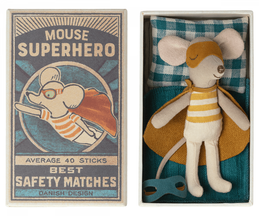 Super Hero Mouse, Little Brother in Matchbox Maileg Lil Tulips