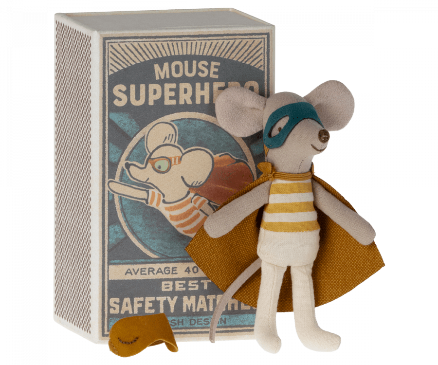 Super Hero Mouse, Little Brother in Matchbox Maileg Lil Tulips