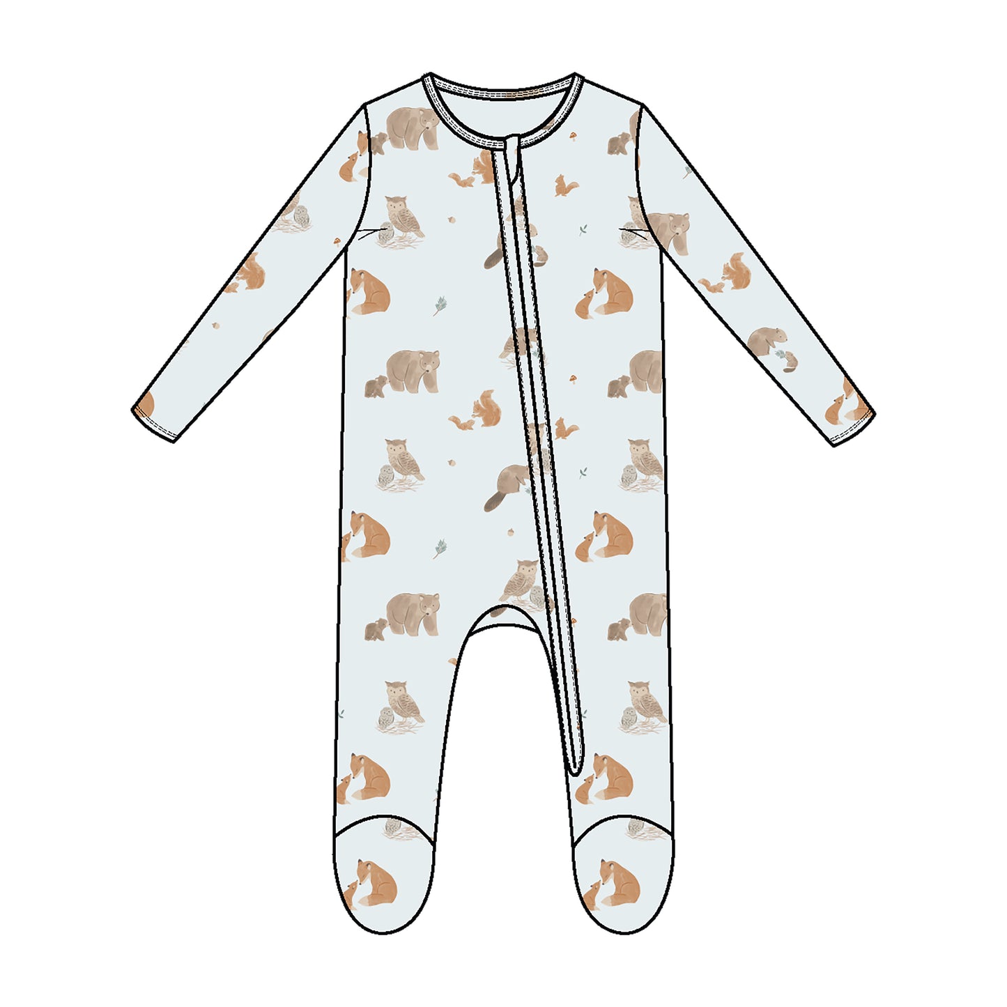 Mixed Woodland Animals Blue- 2 Way Zipper Footie